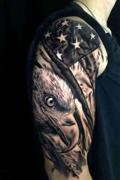 an eagle with the american flag on his arm