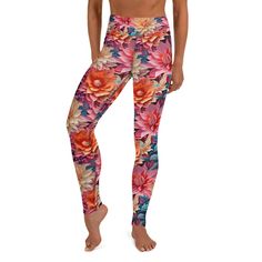 "Colorful flower blooms pattern yoga leggings. Stylish, durable, and a hot fashion staple. These polyester/spandex leggings are made of a comfortable microfiber yarn, and they'll never lose their stretch. - Fabric: 82% polyester, 18% spandex - Overlock and coverstitch - Four-way stretch, which means fabric stretches and recovers both on the cross and lengthwise grains - Made of a microfiber yarn, which is smooth and comfortable - Raised waistband - Triangle-shaped gusset crotch - Inner pocket se Spring Compression Leggings For Yoga, High Stretch Leggings For Yoga In Spring, High Stretch Spring Yoga Leggings, Spring Compression Yoga Pants For Pilates, Full Length Yoga Pants For Spring, Athleisure Stretch Bottoms With Floral Print, Fitted Floral Print Activewear For Spring, Floral Print Stretch Athleisure Activewear, Spring Fitted Floral Print Activewear