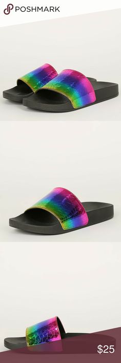 NEW🔥 Rainbow Iridescent Slides Flat Sandals Shoes These cute slide sandals features a cracked design, wide vamp, and molded footbed sole.  Condition: Brand New In Box / Unworn Color: Rainbow Iridescent Heel Height: 0.75" (Approximately) Fit: True To Size BAMBOO Shoes Sandals Cute Slides, Rainbow Iridescent, Color Rainbow, Shoe Boutique, Sandals Flip Flops, Fashion Updates, Flip Flop Sandals, Flat Sandals, Slide Sandals