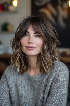 Embrace the casual chic vibe with this shoulder-length shag and curtain bangs. Tap to see more versatile and trendy shag cuts! Above Shoulder Wavy Haircut, Dark Brunette Hair With Bangs, Shoulder Length Hair With Bangs Round Face, Lob With Fringe Round Face, Long Bob With Bangs And Layers, Lob Curtain Bang, Shoulder Bob With Bangs, Hair With Choppy Layers, Women's Medium Hairstyles