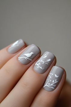 This delicate winter nail design featuring branches and birds on a gray base is just the inspiration you need this season! It’s perfect for a classy yet playful look. Get more winter nail ideas at nailhow.com and don’t forget to save this pin to share with friends! 🕊️❄️ Snowdrop Nails, Cute Layers, Winter Nail Design, Winter Nail Ideas, Silk Wrap Nails, Peace Bird, White Birds, Nail Prices, Sns Nails