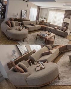 two pictures of a living room with couches and tables