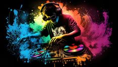 a dj mixing music on his turntable with colorful paint splatters around him