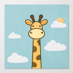 a giraffe standing in front of a blue sky with clouds