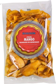 mango chips in cello bag on white background