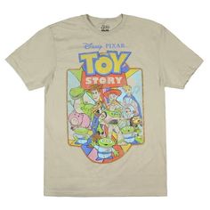 Celebrate the magic of Toy Story with this Men's Short Sleeve T-Shirt. This beige tee features bright, colorful graphics with a grainy print that gives it a nostalgic, retro feel. The design showcases beloved toys from all four films, including Forky, Bo Peep, Woody, Jessie, Buzz Lightyear, and more. The Disney logo is also prominently displayed, along with the bold "Toy Story" text, capturing the timeless charm of the franchise. Made from 100% cotton, this t-shirt offers maximum comfort and bre Story Text, Mickey Mouse Outfit, Disney Logo, Mens Toys, Colorful Graphics, Bo Peep, Mens Graphic T, Disney Men, Buzz Lightyear