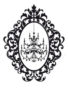 a black and white drawing of a chandelier in an oval frame with ornate designs