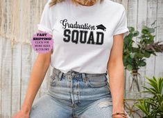 "All of our shirts are Unisex.All designs are DTF printing no embroidery or anything else. We have different Brands of shirts all same sizing and quality. in order to ship your items faster we provide whichever is available in stock. Message me for any questions. Graduation Squad Shirt, Family of Graduate Shirts, Graduate Shirt Of 2023, Grad Family 2023 Shirts, Grad Squad Shirts, Grad Trip Shirts --- How To Order --- 1) Please make sure to check all photos in the listing 2) Choose your T-shirt color and size 3) Enter your Text/Design Color In The Personalization Box 4) Click add to cart. You can go back and follow the same steps to add more items in your cart 5) Click \"Proceed to check out\" 6) Add your shipping address and choose your shipping method 7) You can write a note to the seller Graduation Shirts For Family With Photo, Grad Squad Shirts, Graduate Shirts For Family, Proud Sister Of A Graduate Shirt, Customizable Graduation T-shirt With Crew Neck, Squad Shirt, Graduation Shirts, Travel Shirts, Text Design