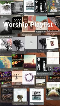 the words worship playlist are displayed in many different colors and sizes, including black and white