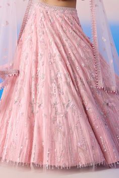 Carnation pink lehenga featuring sequin, crystal embellished floral blossom motifs along with attached can can. Comes with padded blouse and dupatta. - Aza Fashions Lehenga Pattern, Carnation Pink, Padded Blouse, Pink Lehenga, Embellished Blouse, Can Can, Satin Color, Set For Women, Aza Fashion