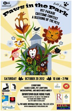 a poster for paws in the park with flowers and cats on it, including an image of