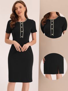 Shop Allegra K for short sleeve square neck color block bodycon sheath work dress you are looking for, get more women's dresses for yourelf. Order now! Free Returns! Work Midi Dress, Elegant Summer Outfits, Midi Dress Work, Button Decor, Cocktail Wedding, Summer Weather, Trim Dress, Black Sheath Dress, Work Dress