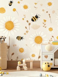 a child's room with yellow and white flowers, bees and hearts on the wall