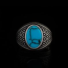 Turquoise Oval Silver Men Ring. Handmade in 925 sterling silver with Turquoise stone. On the ring oval Turquoise stone settled. Sides are micro detailed. Special micro ornaments for exclusive look. Small and elegance. Dimensions of stone is 15 mm x 10 mm. Average weight of Turquoise Oval Silver Men Ring is 8 gr. (depends your ring size). Back side of the stone open to touch your skin. Stone Type: Turquoise, Feroza Stone Color: Blue Stone Dimensions: 15 mm x 10 mm Stone Shape: Oval, Flat Average Torquise Rings For Men, Luxury Handmade Turquoise Ring For Men, Luxury Blue Turquoise Ring For Men, Luxury Polished Turquoise Ring For Men, Feroza Stone, Men Ring Silver, Onyx Silver Ring, Silver For Men, Silver Men Ring