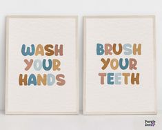 two cards with the words wash your hands and brush your teeth in multicolored letters