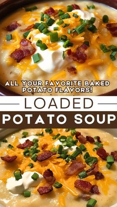 two bowls of loaded potato soup with bacon and sour cream