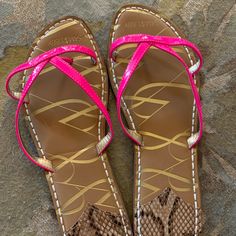 Brand New, Never Worn, Beautiful Hot Pink Sam & Libby Thong Sandals. Hot Pink Patent Leather Thong Upper With Snake Print Heel Accent. Size 11. Hot Pink Color, Thong Sandals, Snake Print, Women's Shoes Sandals, Pink Color, Patent Leather, Shoes Sandals, Hot Pink, Women Shoes