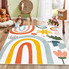 a child's room with toys and rugs on the floor