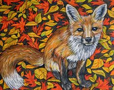 a painting of a fox surrounded by leaves