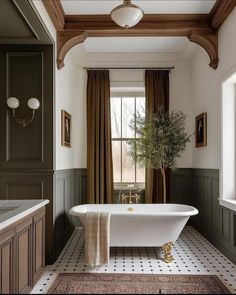 a bath tub sitting under a window next to a potted plant in a bathroom