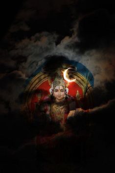 an image of goddess sitting in front of the moon and clouds with her eyes closed