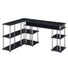 a black and silver desk with three shelves on each side, one shelf is open