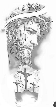 a black and white drawing of jesus with the cross in his hand, on a white background