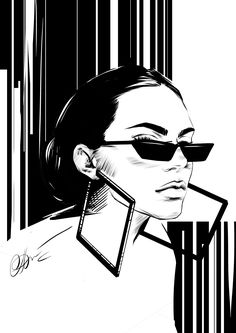 a black and white drawing of a woman wearing sunglasses with barcodes in the background