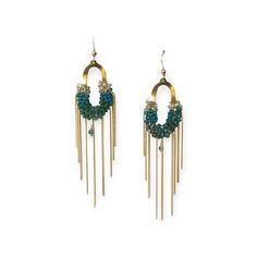 These handmade, beaded drop earrings are perfect for anytime. The richly hued shades compliment any outfit. The artist made two color options, one in various shades of blue/green and the other in rich earth tones. A ring is suspended from the ear with the bottom half encased in colorful crystal beads. Hung from the bottom of the ring are strands that add interest and movement to the earring giving it a unique, organic feel. We do not find these earrings too heavy and lightweight enough to be worn by those with ears sensitive to heavy earrings. One of the original artists we discovered created these beautiful statement earrings. He is from a family of talented artists. While we love his talent and the beautiful, creative pieces he makes its - it is his beaming smile and the obvious joy in w Metal Tassel Earrings With Dangling Beads, Colorful Beads Dangle Chandelier Earrings, Colorful Beaded Dangle Chandelier Earrings, Beaded Dangle Chandelier Earrings, Green Beaded Chain Earrings, Turquoise Earrings With Beaded Fringe, Dangle Chandelier Earrings With Colorful Beads, Elegant Turquoise Beaded Dangling Earrings, Turquoise Beaded Fringe Chandelier Earrings