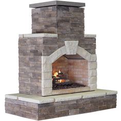 a stone fireplace with an open door and fire in the center, on a white background