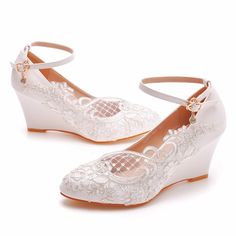 Details: Style: Elegant Embellishment:?Lace Heels Type: Wedge heels Heel height: 2.17inch Closure Type: Buckle Strap Toe: Round Toe Upper Material: PU Sole Material:?Rubber Lining Material: Leather Spring Wedding Wedge Sandals With Round Toe, Spring Wedding Wedge Heels, Elegant White Wedge Sandals For Wedding, White Wedge Heel Sandals For Wedding, White Wedge Sandals For Wedding, Platform Wedge Sandals With Round Toe For Wedding, Elegant Low Heel Wedge Sandals For Wedding, Elegant White Low Heel Wedge Sandals, White Wedge Heel Heels For Wedding