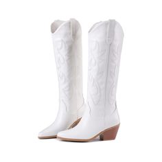 Outer Material Polyurethane (Pu) Classic Designthese Western Cowboy Boots Feature A Classic Embroidered Design, Pull-On Style, Almond-Shaped Pointed Toe, Chunky Mid-Heel, Rubber Sole And Breathable Mesh Lining. Heel Height6.5 Cm (2.56) Inches. Medium Heel Height For Easy Walking. These White Cowboy Boots Are Made Of Comfortable, Breathable And Warm Materials. The Moderate Heel Height Will Enhance The Whole Person's Temperament And Will Also Make The Clothes, Skirts And Pants You Wear With Them M Casual Polyurethane Boots For Spring, Trendy White Faux Leather Boots, Fitted White Faux Leather Boots, White Faux Leather Boots For Spring, White Faux Leather Spring Boots, Spring White Faux Leather Boots, Casual White Faux Leather Boots, High Heel Cowboy Boots, Heel Cowboy Boots