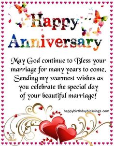 an anniversary card with two hearts and the words, happy anniversary to your marriage for many years