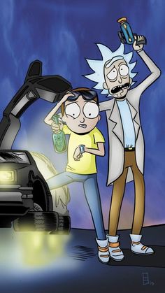 the rick and mort cartoon is standing next to a car