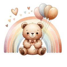 a brown teddy bear sitting on top of a rainbow with balloons in the shape of hearts