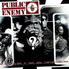 an advertisement for public enemy on the side of a bus with two people in it