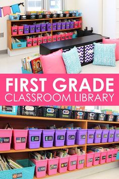 the first grade classroom library is filled with colorful bins