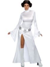 the princess leia costume is white and has a slit in it's leg