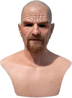 an image of a bald man with no shirt on wearing a fake head and beard