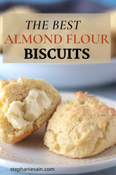 almond flour biscuits on a white plate with yellow trim. One of the biscuits cut in half with butter on it. A bowl of biscuits in the background. 7uo Biscuits, Carbquik Biscuits, Krusteaz Biscuits, Einkorn Biscuits, Biscuits Bisquick, Lard Biscuits, Mayonaise Biscuits, Biscuits Flaky, Biscuits Fluffy