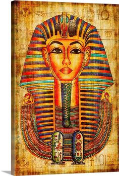 an egyptian painting on wood with the image of pharaoh and his head in gold, blue,