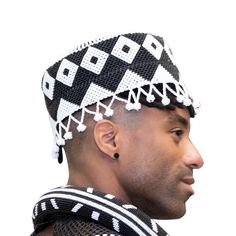 Beaded Kufi hat that will make heads turn when you enter any room! One size fits most. Black Hat With Round Crown For Festival, Black Hats With Round Crown For Festival, Black Round Crown Hat For Festival, Black Festival Hat With Round Crown, Black Hats With Round Crown, One Size Fits Most, Zulu Hats For Women, Zulu Traditional Hats For Women, Kufi Hat Pattern, Traditional Beaded Adjustable Hat