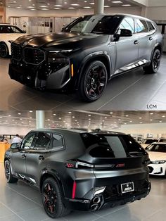 two different cars are shown side by side in the showroom, one is black and the other is silver