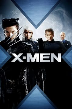 the x - men movie poster is shown in blue and black with two men holding swords