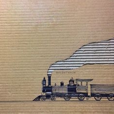 a drawing of an old train on cardboard