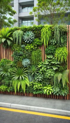 an outdoor living wall with plants and greenery on the side of it, in front of a building