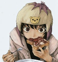 an anime character holding a piece of pizza in front of his face and eating it