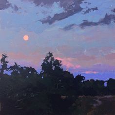 an oil painting of trees and the moon in the sky at dusk with clouds over them