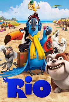 the rio movie poster with characters from various countries and their names in blue on a sandy beach