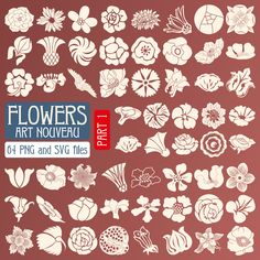 flowers are shown in white on a red background with the words flowers art nouveau and svt files